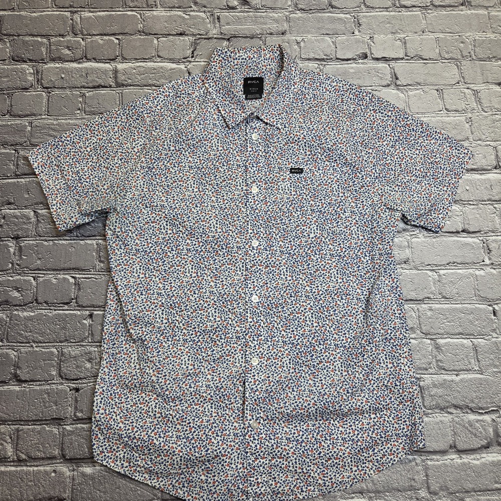 RVCA Men's Medium White Floral Short Sleeve Button Up Shirt Slim Fit